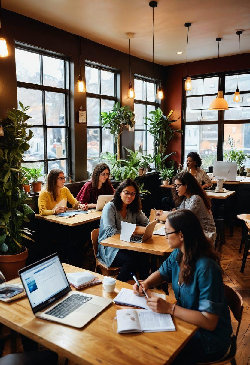 A vibrant scene depicting a diverse group of independent bloggers collaborating in a cozy coffee shop, surrounded by laptops, notebooks, and free resources like pamphlets and flyers. The ambiance should be warm and inviting, showcasing different blogging tools on their screens with a colorful display of ideas and creativity in the air. Include plants and artwork in the background to enhance the community feel. super-realistic. vibrant colors. cozy atmosphere.