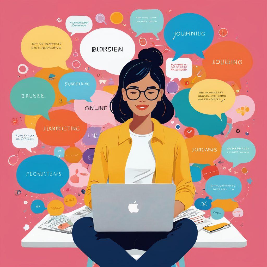 A vibrant, whimsical illustration of a person joyfully typing on a laptop surrounded by colorful speech bubbles containing various blogging elements like a pen, paper, and digital icons representing online journaling. The background features a dynamic blend of pastel colors symbolizing creativity and expression. super-realistic. vibrant colors. warm tones.